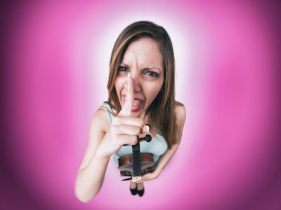 Funny woman with violin say shut up