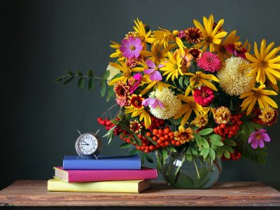 Bouquet and book. Back to school. September 1, knowledge Day. The teacher's day.
