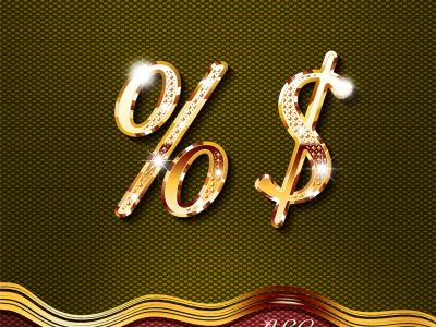 Golden stylish Inlaid The percent sign, the dollar, with shadow and glare. italic type .vector eps10.