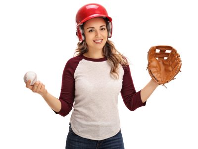 Woman with a catcher glove and a baseball